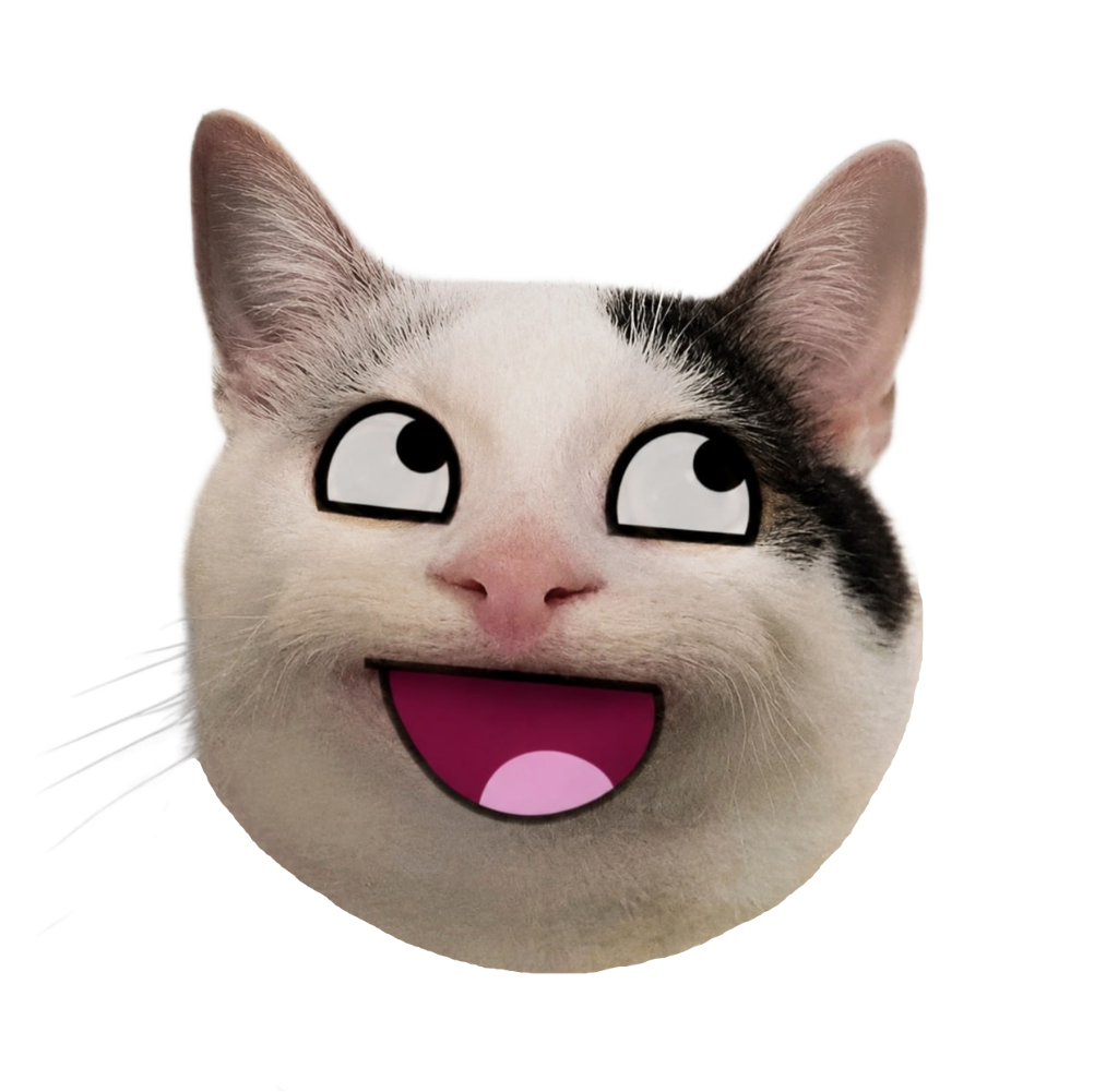 A white cat with a huge cartoon grin and wide happy eyes